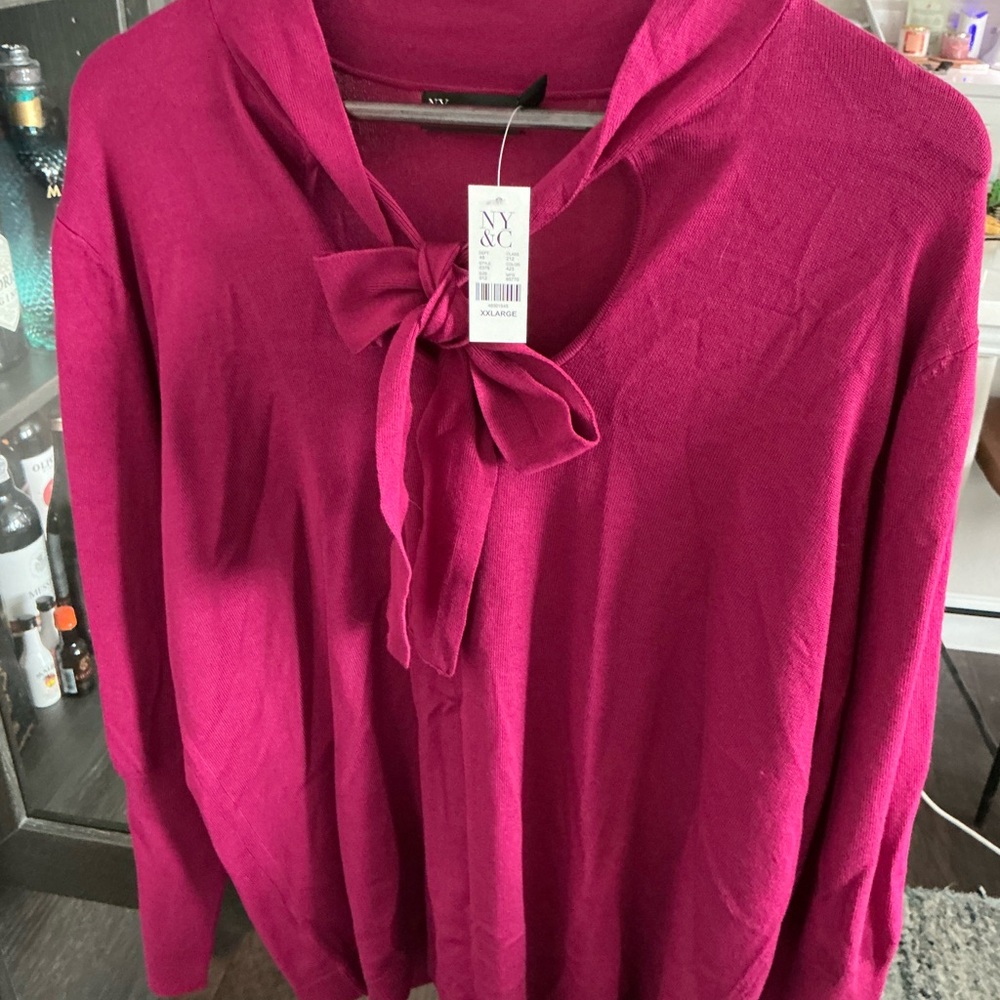 New York & Company Pink Long Sleeve Tie Front Blouse
